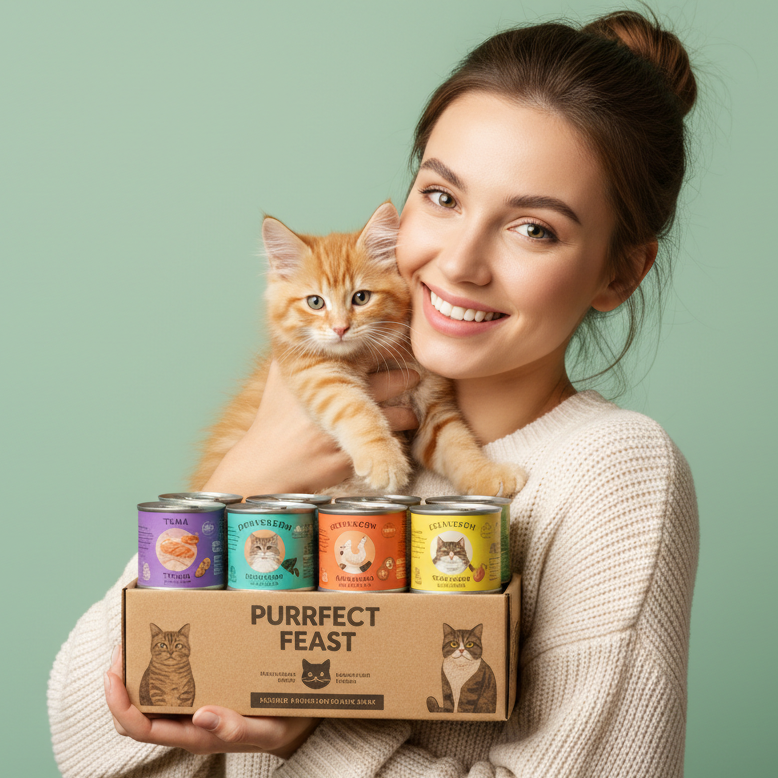 Woman holding kitten with variety pack
