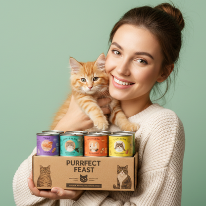 Woman holding kitten with variety pack