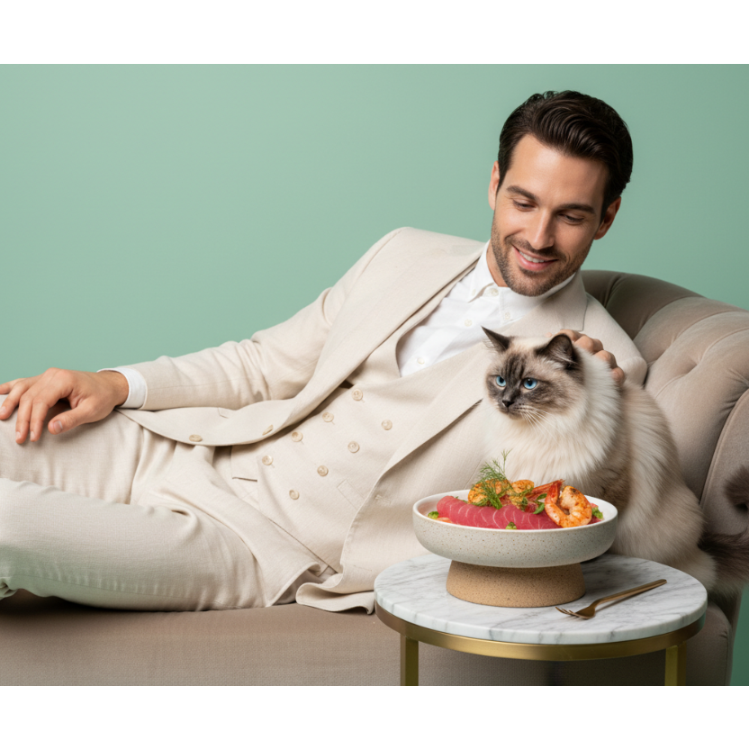 Stylish man with cat and gourmet food