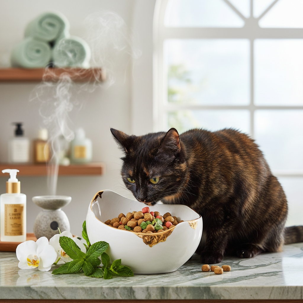 Happy cat enjoying meal