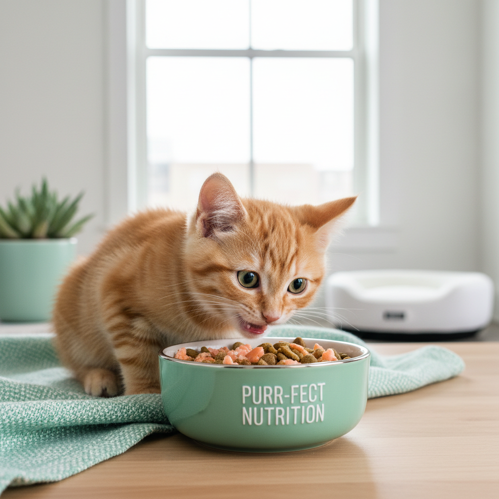 Healthy kitten eating premium formula